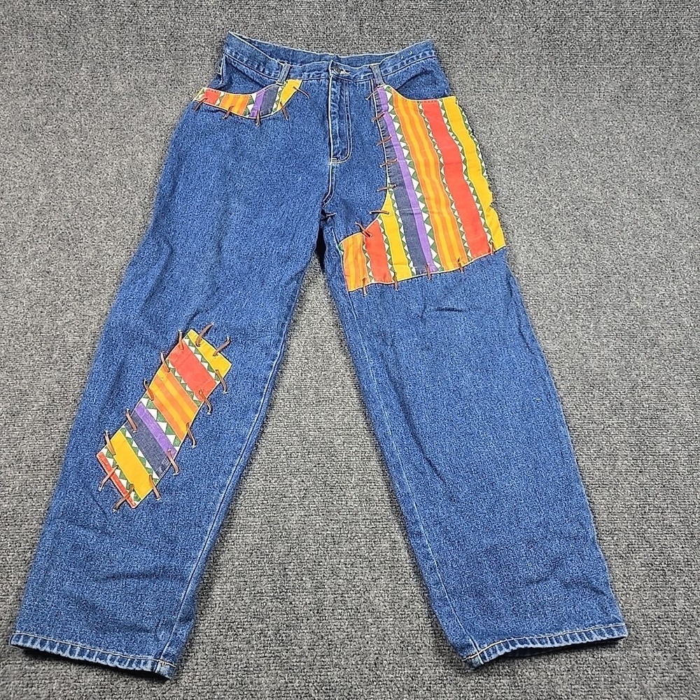 Zana Di Jeans Womens 19/20 Boho Leather Strap Patchwork Medium Wash